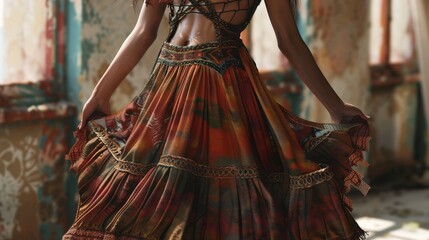 Wall Mural - a boho-chic maxi dress with a tiered skirt, earthy tones, and a lace-up bodice for a laid-back yet stylish vibe.