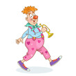 Funny clown musician goes with a trumpet in his hand. Isolated on white background. Vector illustration.