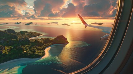Canvas Print - airplane wing over tropical islands at sunset aerial ocean view from plane window digital illustration