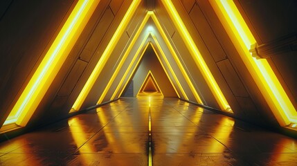 Poster - Science background fiction interior room Triangle Dark Empty Corridor With Door sci-fi spaceship corridors yellow