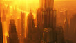 The image shows a city with many tall buildings. The buildings are mostly made of glass and metal, and they are reflecting the sunlight. The sun is setting, and the sky is a bright orange color. There
