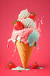 Ice cream cone with strawberries. Generative AI,
