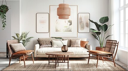 Comfortable living room, modern classic Scandinavian style house interior, with comfortable sofa couch chair, mock up decoration with poster frames on the wall.. Natural light from the window.