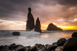Ribeira da Janela. Volcanic  rock formations standing the Atlantic Ocean at dramatic sunrise, Madeira Island, Portugal