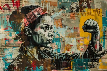 Wall Mural - A feminist activist portrayed in a vibrant urban mural, blending graffiti, newspaper clippings, and a myriad of colors in a striking artistic display of empowerment and activism.