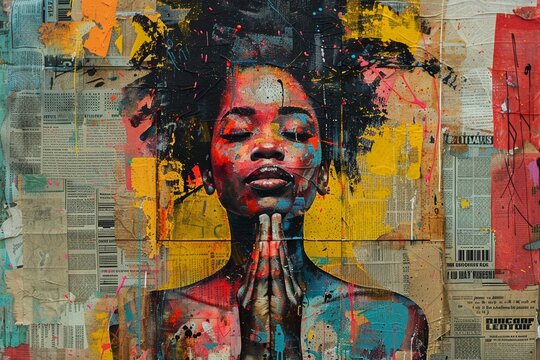 Mixed media artwork depicting an African woman in prayer, encompassing elements of urban street art with a variety of textures, colors, and techniques.
