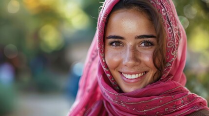 A lady in a pink neckerchief is grinning