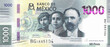 Vector obverse high polygonal pixel mosaic banknote of Mexico. Front side. Denominations of bill 1000 pesos. Game money of flyer.