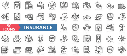 Insurance icon collection set. Containing call, legality, financial statements, labor, security system, online, bank icon. Simple line vector.