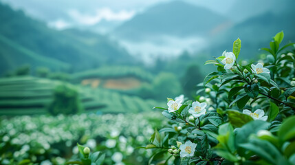 Wall Mural - White jasmine flowers blooming in the morning on tea plantation