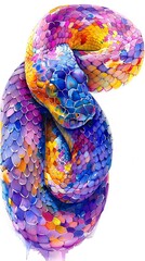 Vertical watercolor portrait design of snake in vivid multicolor watercolor style