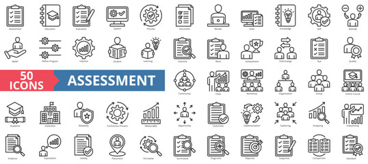 Assessment icon collection set. Containing education, evaluation, system, process, document, worker, data icon. Simple line vector.