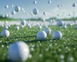 Beautiful golf balls on grassy field with water droplets in the air on a sunny day
