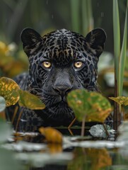 Wall Mural - black jaguar in a south american wetland