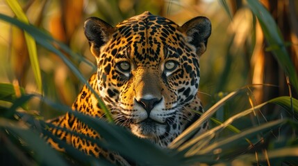 Wall Mural - jaguar in the water on the river. green natural jungle background. panthera onca.
