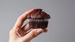 © Alpha - Stylish image of a hand holding a chocolate muffin with a bite taken out, emphasizing indulgence, against an isolated background, studio lighting
