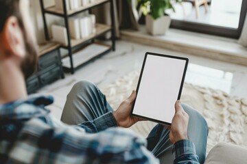 Wall Mural - male hands holding a tablet with a blank screen in the living room