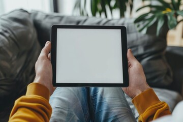 Wall Mural - male hands holding a tablet with a blank screen in the living room