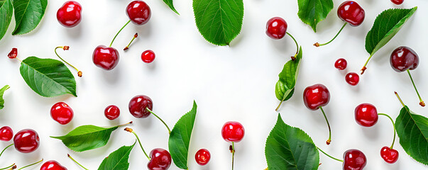 Wall Mural - 
Top view, flat lay red juicy cherries with green leaves on a white background with space for text.