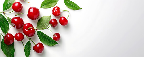 Wall Mural - 
Top view, flat lay red juicy cherries with green leaves on a white background with space for text.