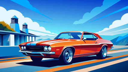 Wall Mural - A sports car on the road.The road into the distance. The car rushes along a picturesque road.Let's go! An illustration of a car ready for new discoveries in the vast expanses. mustang