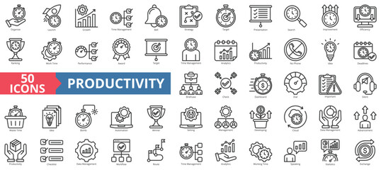 Sticker - Productivity icon collection set. Containing organize, launch, growth, time management, bell, strategy, target icon. Simple line vector.