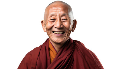 Wall Mural - Portrait of a smiling senior Buddhist monk with bald head, isolated on transparent background