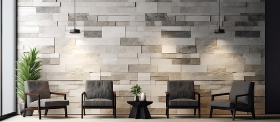 Wall Mural - A waiting room with chairs, table, and a brick wall facade