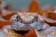 Gaboon Viper: Camouflaged among leaves, highlighting its intricate pattern and large fangs.