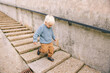 Outdoor portrait of cute little boy walking down the stairs