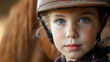 Close-up of a child in an equitation lesson, looking directly into the camera with a focused expression, showcasing the bond between rider and horse.