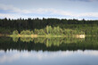 Landscape with a forest reflected in the mirror surface of lake water.