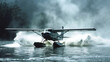 Close-up of a pilot navigating a water plane as it takes off from a misty river, emphasizing the unique capabilities of amphibious aircraft.