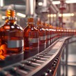 Automated labeling of bottles, dynamic motion blur, low angle, 3D illustration, soft daylight