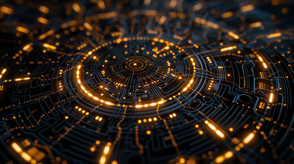 futuristic technology wallpaper featuring glowing binary circuit lines arranged in intricate patterns on a black ring, modern cyber tech background 