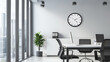 © arhendrix - Modern minimalist wall clock with a sleek, simple design, hanging in a contemporary office space, emphasizing functionality and style.