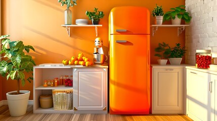 Poster - Bright Sunny Kitchen Interior with a Vibrant Orange Fridge. Modern Home Decor and Cozy Living Concept with Natural Light. Ideal for Lifestyle and Interior Design Inspirations. AI