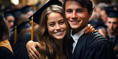 Wall Mural - Emotional moments when graduates hug one anoter after the graduation ceremony.