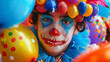 Young clown with a playful expression making balloon animals for delighted children, his colorful makeup and outfit adding to the joyful circus atmosphere.