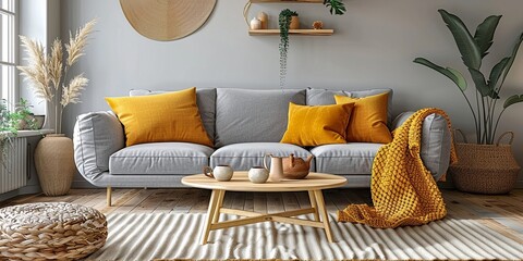 Wall Mural - The stylish boho compostion at living room interior with design gray sofa, wooden coffee table, commode and elegant personal accessories. Honey yellow pillow and plaid. Cozy apartment. Home decor