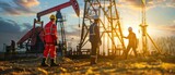 Fototapeta  - Oil workers in safety gear inspecting drilling equipment on an oil field, dynamic and actionfocused composition,