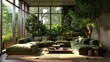 A contemporary living room that uses shades of green in sofas and decor to mimic a garden setting, enhanced by natural light and indoor tree arrangements