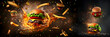 fast food flying exploding , dark background,