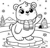 Personnage héros ours blanc sur la banquise à colorier, ressource pour page ou livre de coloriage. Dessin au trait line art, pour enfant ou adulte. Trait isolé  fond transparent