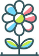 A simple flower with six petals and two leaves. The petals are blue, white, and pink. The leaves are green.