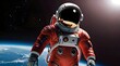 Illustration of the full body pose of an astronaut wearing a red super buoyancy suit. Generative AI