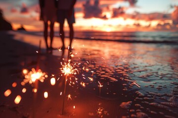 Wall Mural - Happy, young couple on beach at summer night