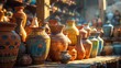 An assortment of handcrafted traditional pottery basking in the warm glow of sunlight, showcasing intricate designs.
