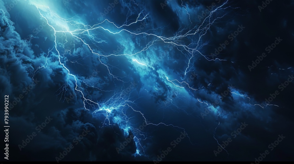 Thunderous dark sky with black clouds and flashing lightning. Natural ...
