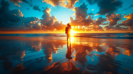 A photographer is looking for subjects on the beach